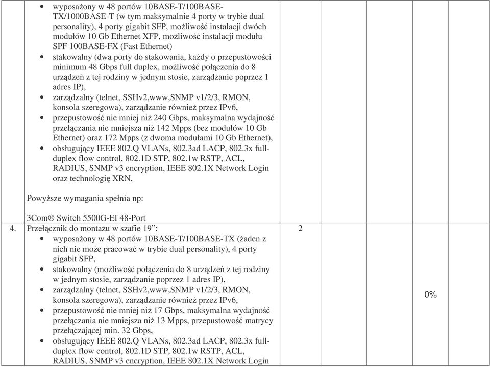 poprzez adres IP), zarzdzalny (telnet, SSHv,www,SNMP v//3, RMON, konsola szeregowa), zarzdzanie równie przez IPv6, przepustowo nie mniej ni 40 Gbps, maksymalna wydajno przełczania nie mniejsza ni 4