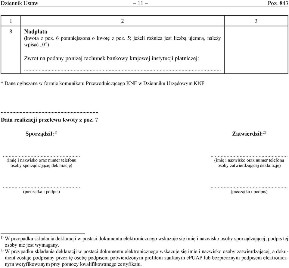 .. * Dane ogłaszane w formie komunikatu Przewodniczącego KNF w Dzienniku Urzędowym KNF.... Data realizacji przelewu kwoty z poz.