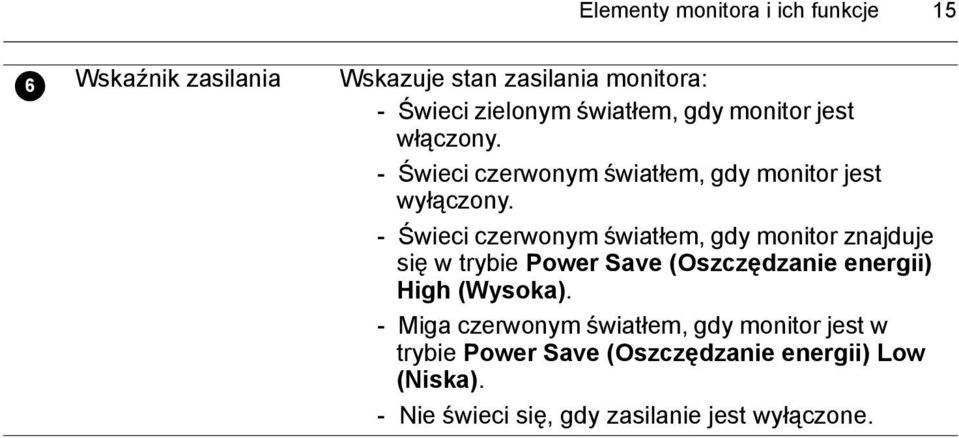 - Świeci czerwonym światłem, gdy monitor znajduje się w trybie Power Save (Oszczędzanie energii) High (Wysoka).