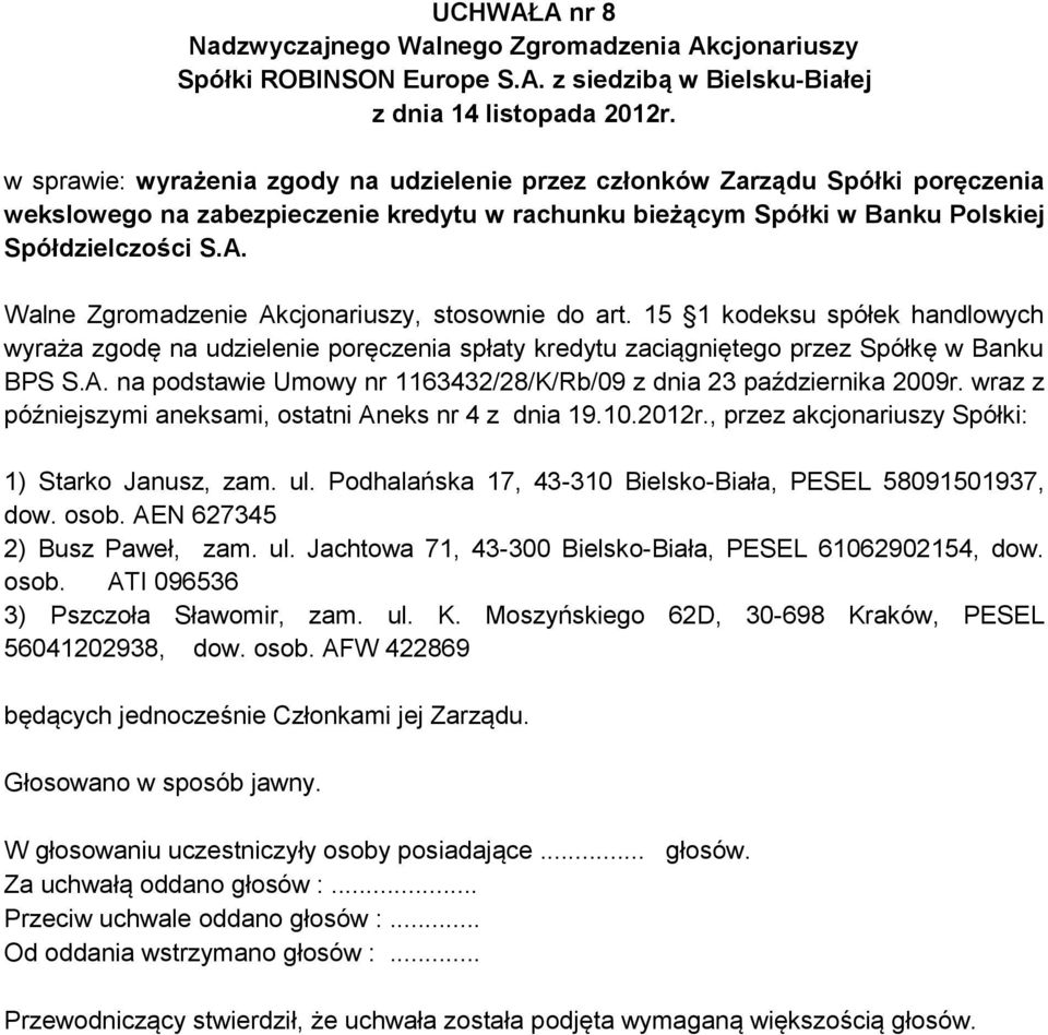 wraz z późniejszymi aneksami, ostatni Aneks nr 4 z dnia 19.10.2012r., przez akcjonariuszy Spółki: 1) Starko Janusz, zam. ul. Podhalańska 17, 43-310 Bielsko-Biała, PESEL 58091501937, dow. osob.