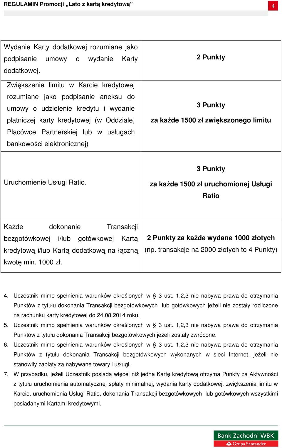 bankowości elektronicznej) 2 Punkty 3 Punkty za kaŝde 1500 zł zwiększonego limitu 3 Punkty Uruchomienie Usługi Ratio.