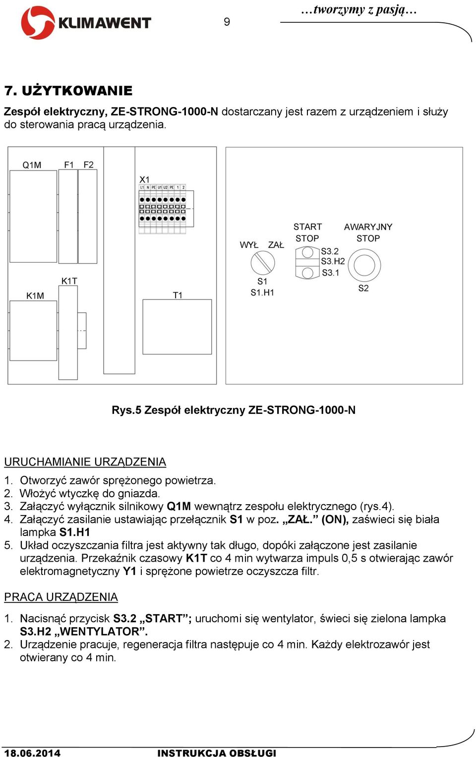 Załączyć wyłącznik silnikowy Q1M wewnątrz zespołu elektrycznego (rys.4). 4. Załączyć zasilanie ustawiając przełącznik S1 w poz. ZAŁ. (ON), zaświeci się biała lampka S1.H1 5.