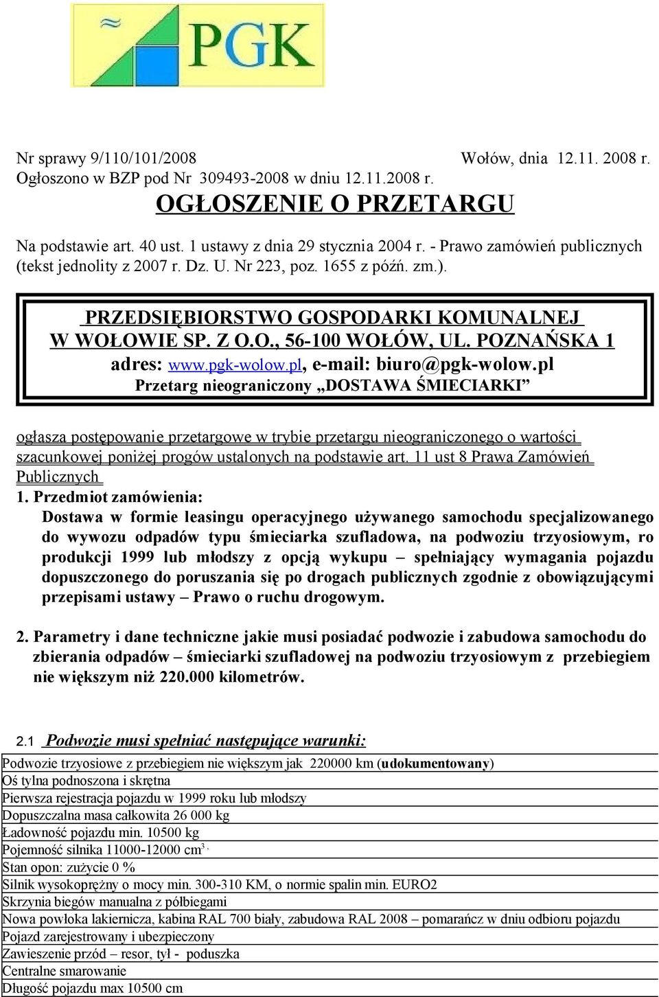 pgk-wolow.pl, e-mail: biuro@pgk-wolow.