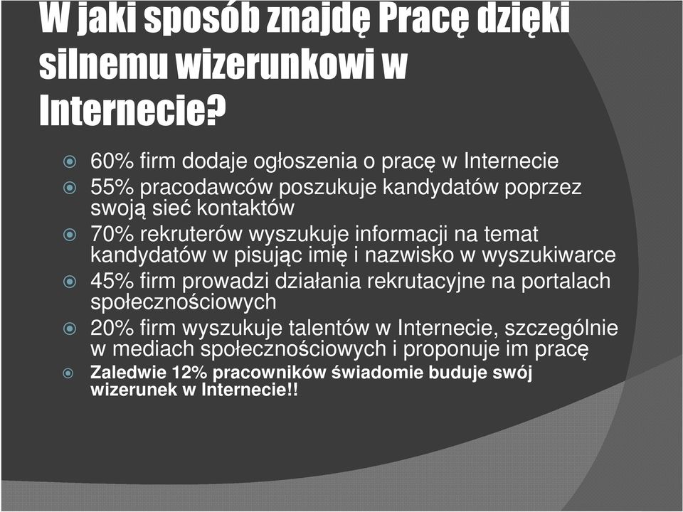 wyszukuje informacji na temat kandydatów w pisując imię i nazwisko w wyszukiwarce 45% firm prowadzi działania rekrutacyjne na