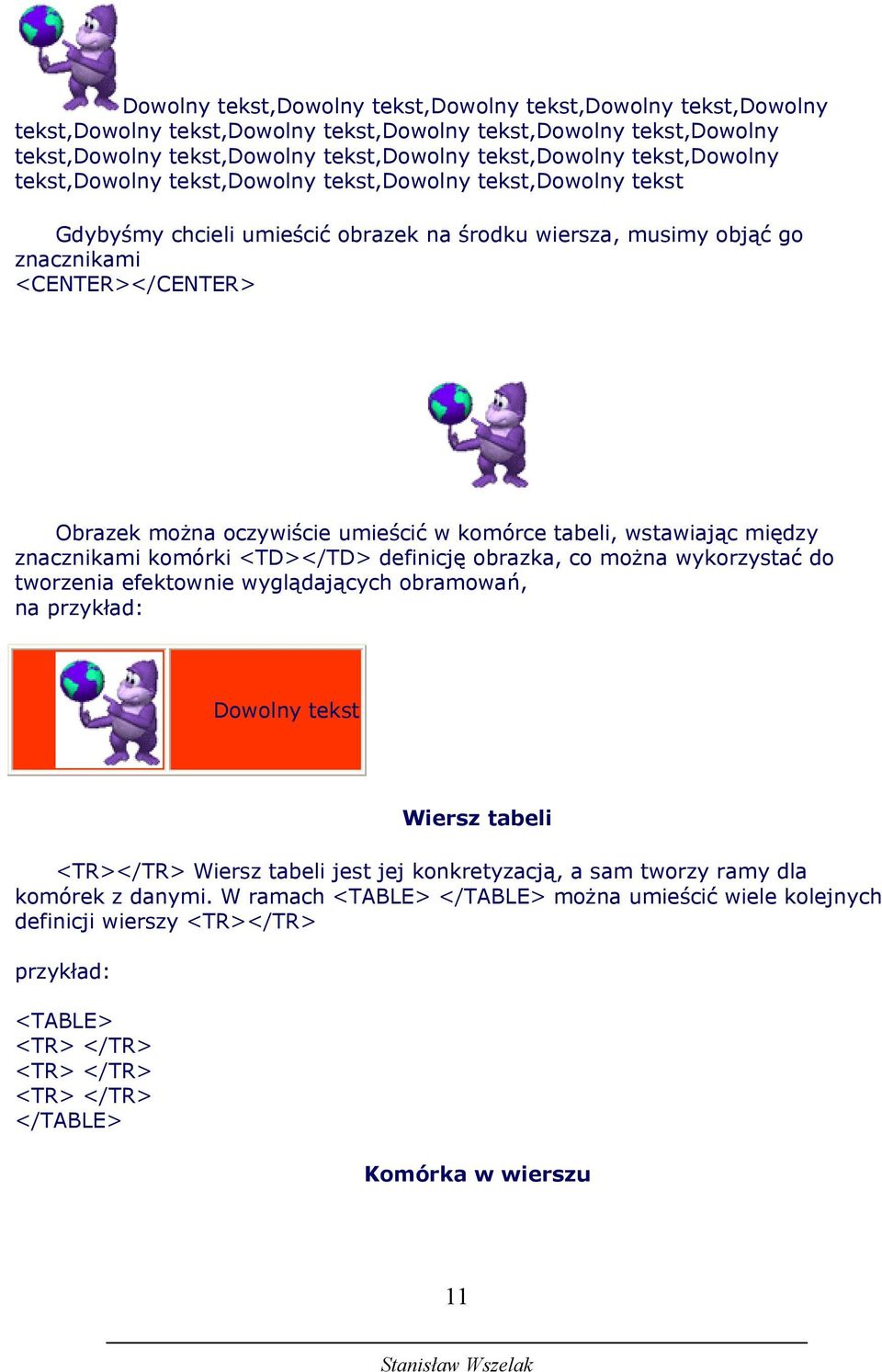 umieścić w komórce tabeli, wstawiając między znacznikami komórki <TD></TD> definicję obrazka, co można wykorzystać do tworzenia efektownie wyglądających obramowań, na przykład: Dowolny tekst Wiersz