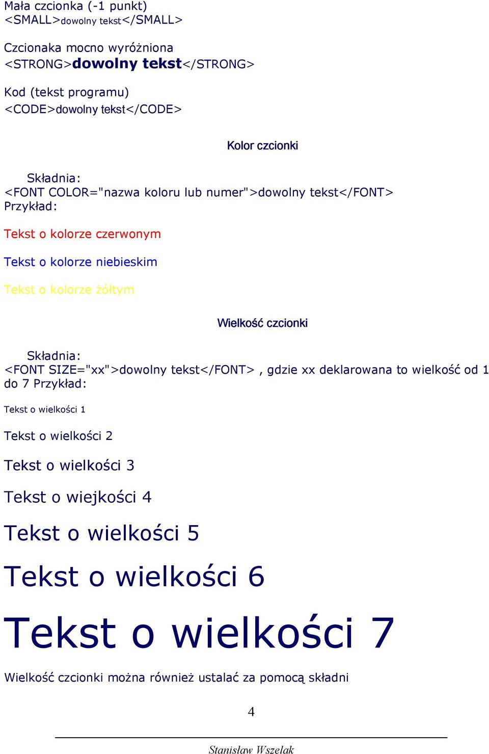 kolorze żółtym Wielkość czcionki Składnia: <FONT SIZE="xx">dowolny tekst</font>, gdzie xx deklarowana to wielkość od 1 do 7 Tekst o wielkości 1 Tekst o