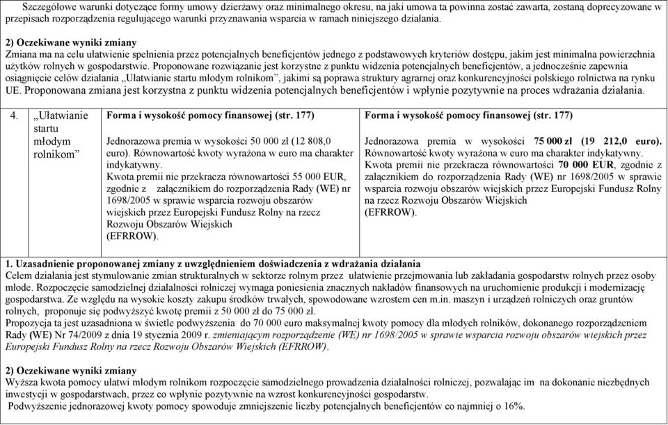 2) Oczekiwane wyniki zmiany Zmiana ma na celu ułatwienie spełnienia przez potencjalnych beneficjentów jednego z podstawowych kryteriów dostępu, jakim jest minimalna powierzchnia użytków rolnych w