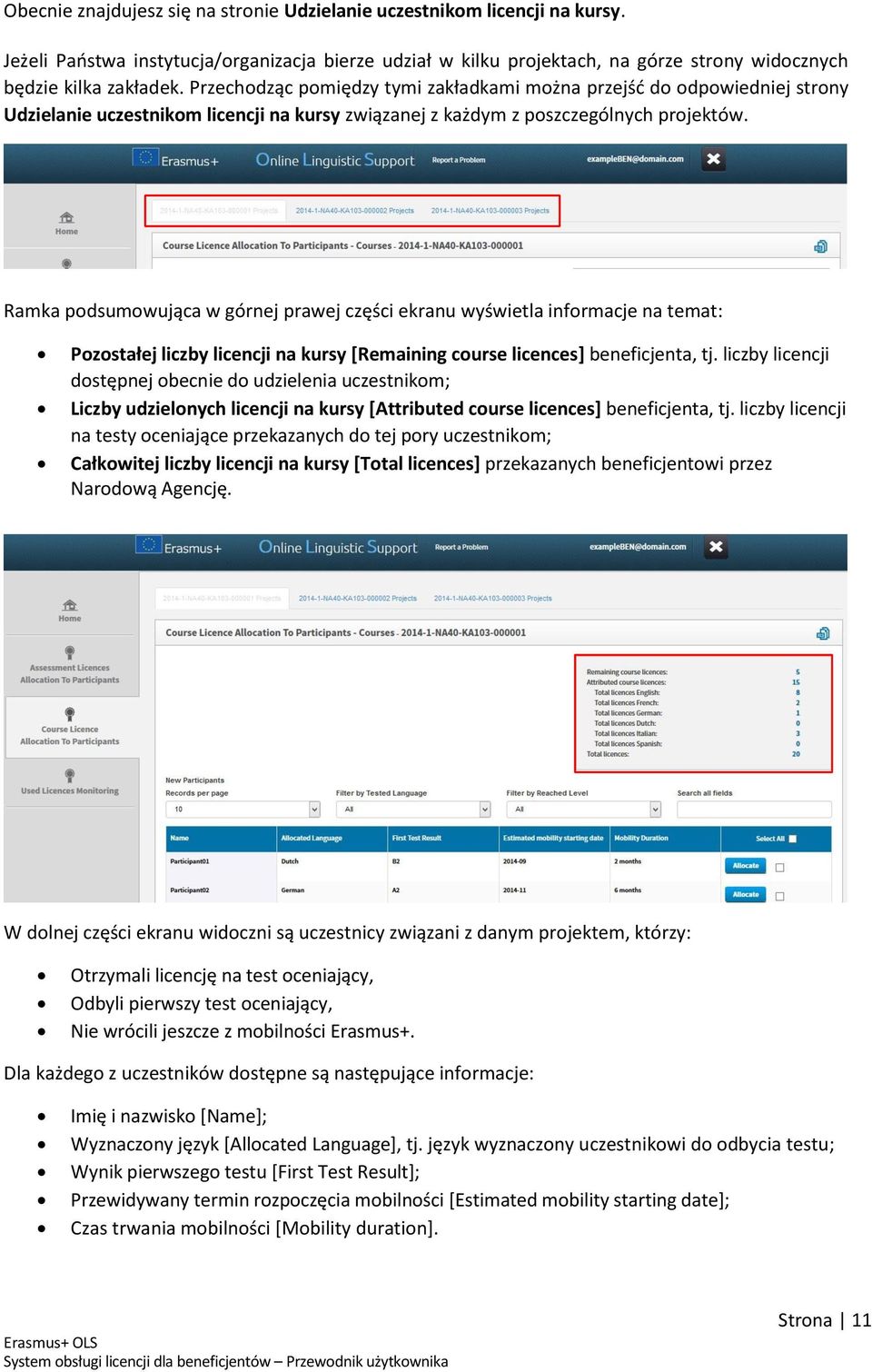 Ramka podsumowująca w górnej prawej części ekranu wyświetla informacje na temat: Pozostałej liczby licencji na kursy [Remaining course licences] beneficjenta, tj.