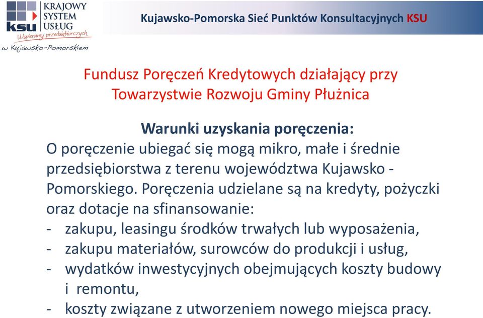 Poręczenia udzielane są na kredyty, pożyczki oraz dotacje na sfinansowanie: - zakupu, leasingu środków trwałych lub