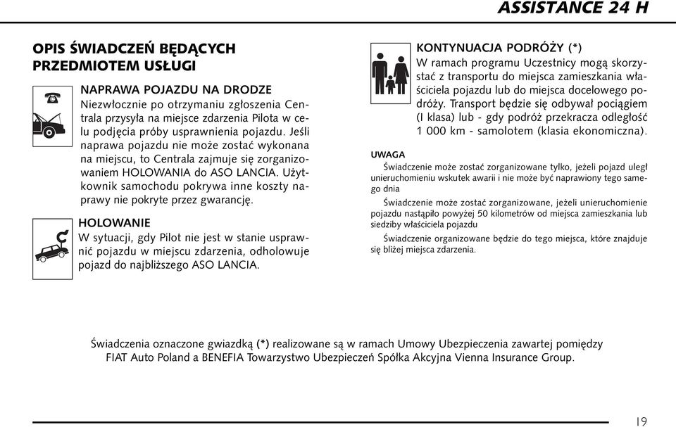 HOLOWANIE W sytuacji, gdy Pilot nie jest w stanie usprawniç pojazdu w miejscu zdarzenia, odholowuje pojazd do najbli szego ASO LANCIA.