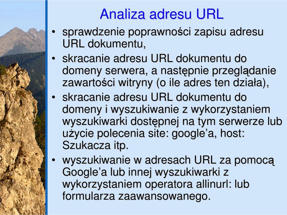 wyszukiwanie z wykorzystaniem wyszukiwarki dostępnej na tym serwerze lub użycie polecenia site: google a, host: Szukacza itp.