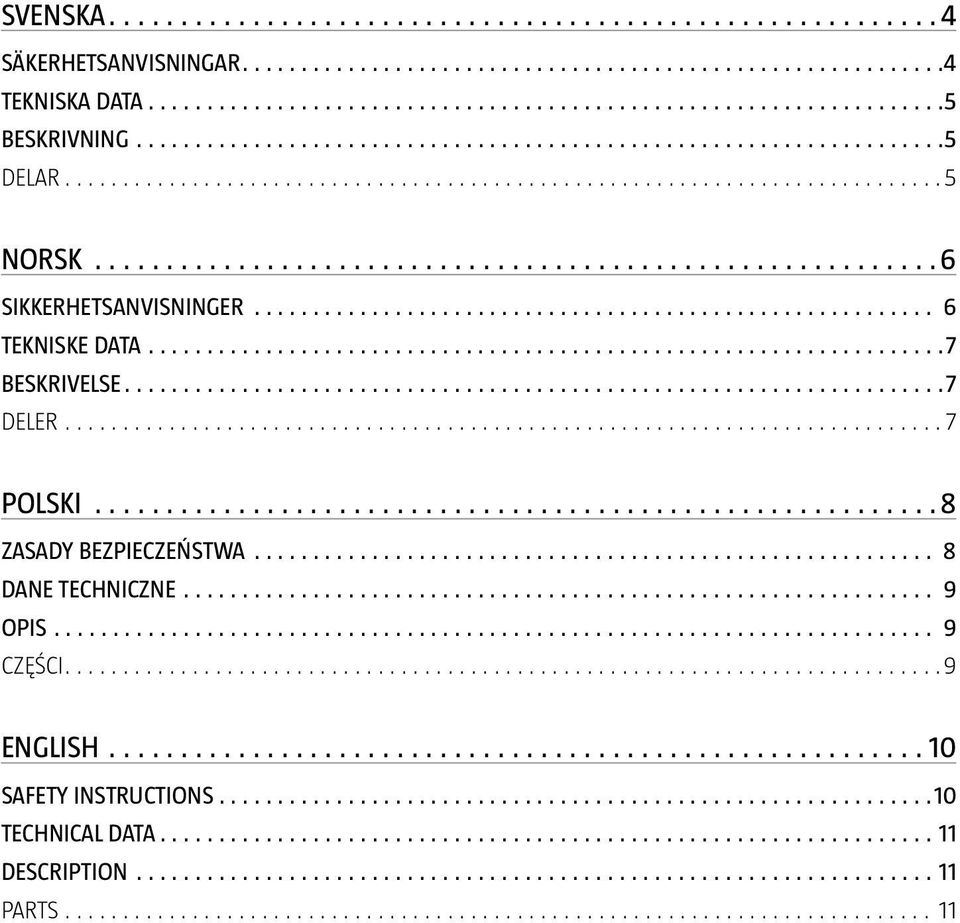 POLSKI 8 ZASADY BEZPIECZEŃSTWA 8 DANE TECHNICZNE 9 OPIS 9 CZĘŚCI 9