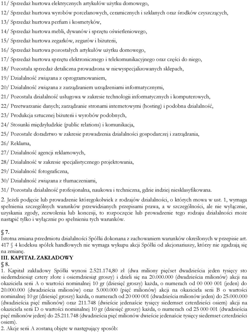 sprzętu elektronicznego i telekomunikacyjnego oraz części do niego, 18/ Pozostała sprzedaż detaliczna prowadzona w niewyspecjalizowanych sklepach, 19/ Działalność związana z oprogramowaniem, 20/
