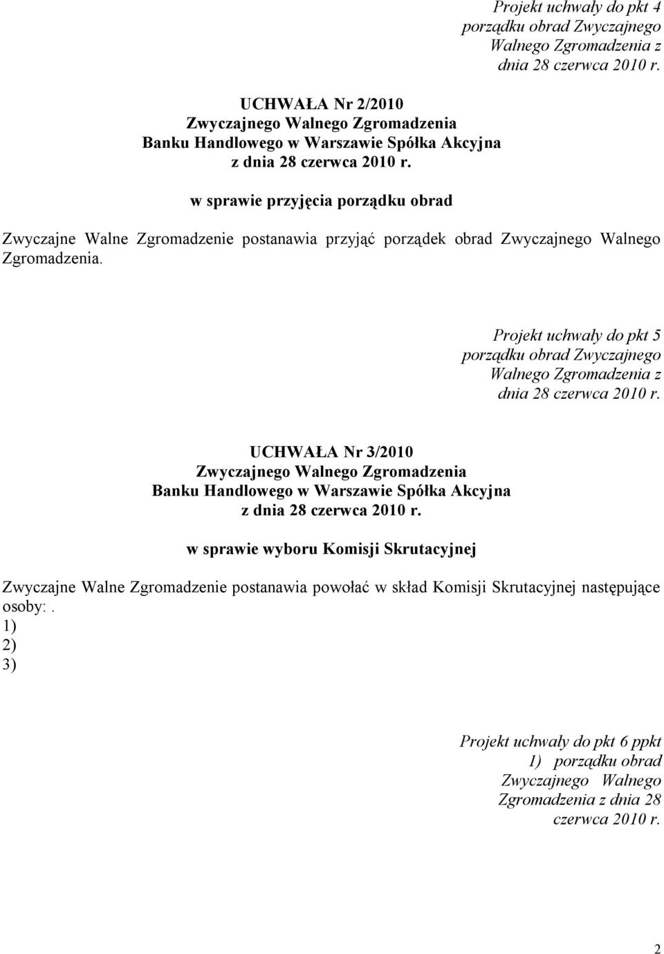Projekt uchwały do pkt 5 porządku obrad Zwyczajnego Walnego Zgromadzenia z dnia 28 czerwca 2010 r.