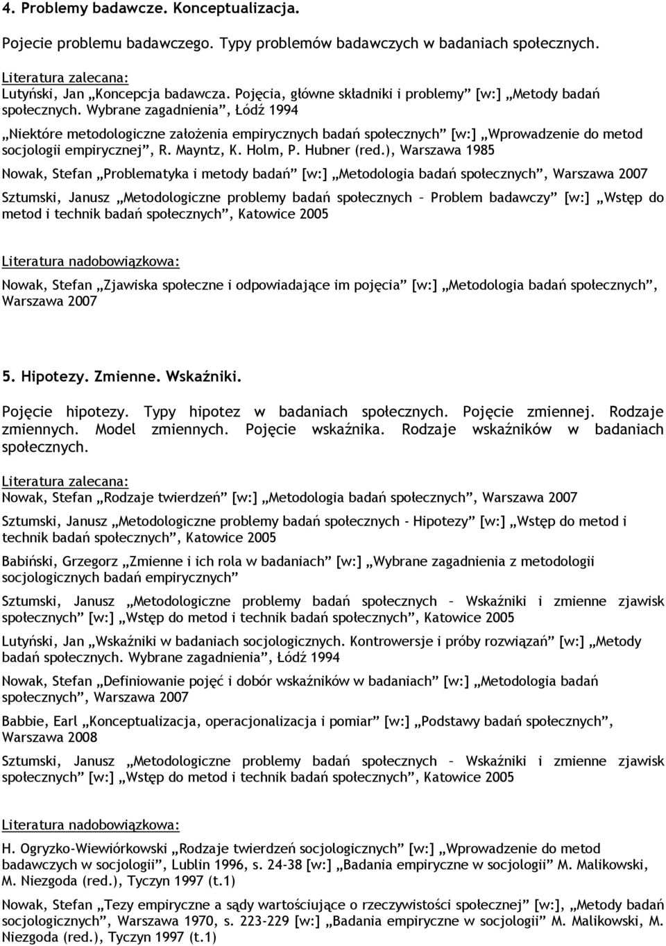 Wybrane zagadnienia, Łódź 1994 Niektóre metodologiczne założenia empirycznych badań społecznych [w:] Wprowadzenie do metod socjologii empirycznej, R. Mayntz, K. Holm, P. Hubner (red.