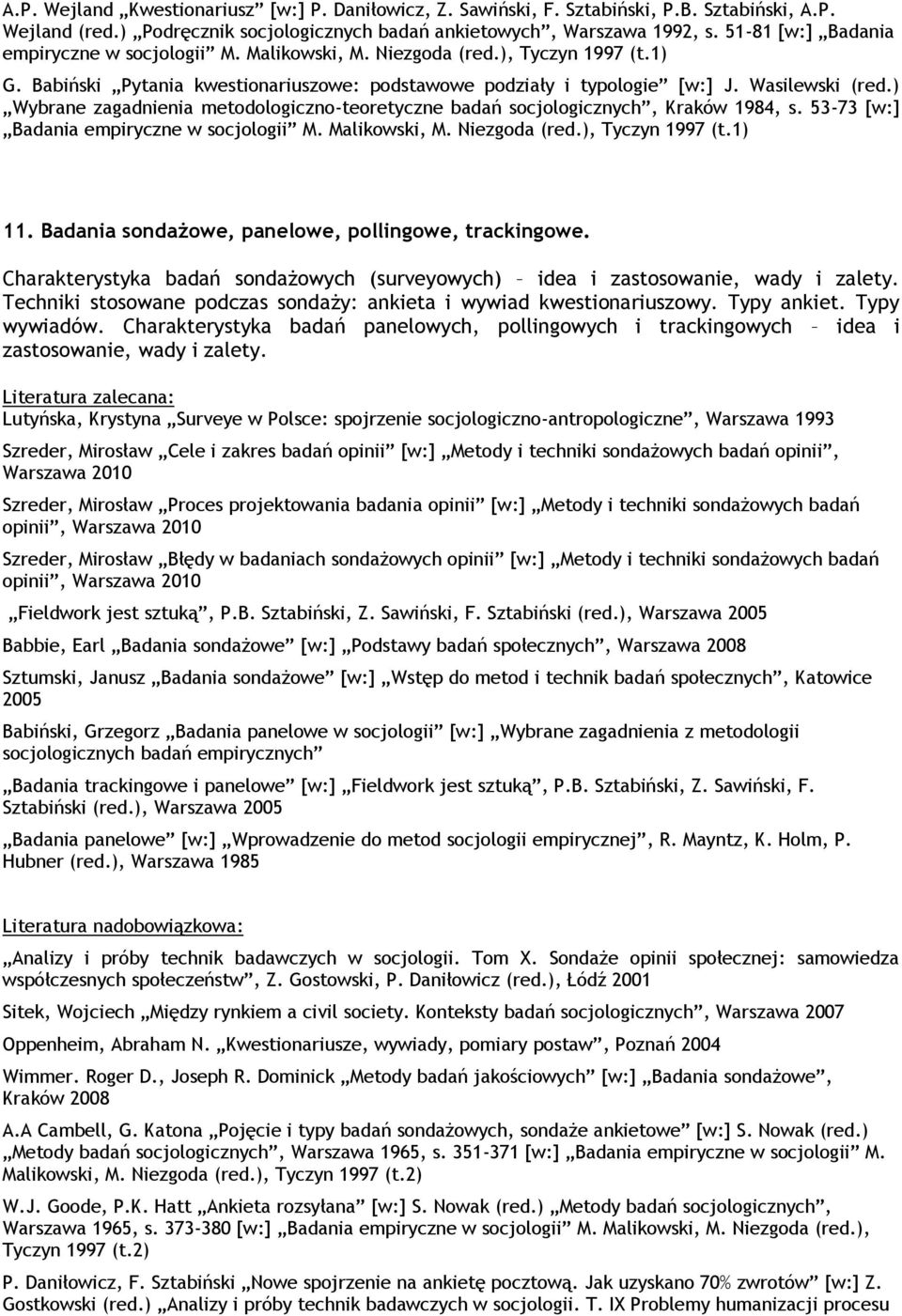 ) Wybrane zagadnienia metodologiczno-teoretyczne badań socjologicznych, Kraków 1984, s. 53-73 [w:] Badania empiryczne w socjologii M. Malikowski, M. Niezgoda (red.), Tyczyn 1997 (t.1) 11.