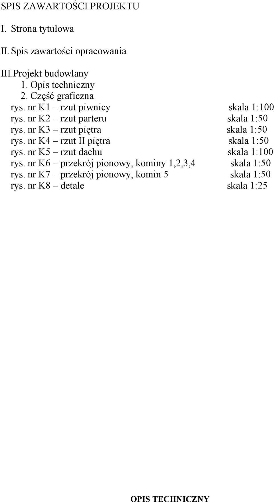 nr K3 rzut piętra skala 1:50 rys. nr K4 rzut II piętra skala 1:50 rys. nr K5 rzut dachu skala 1:100 rys.