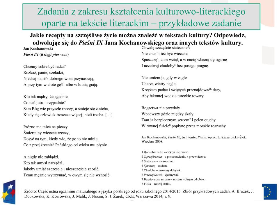 Rozkaż, panie, czeladzi, Niechaj na stół dobrego wina przynaszają, A przy tym w złote gęśli albo w lutnią grają. Kto tak mądry, że zgadnie, Co nań jutro przypadnie?