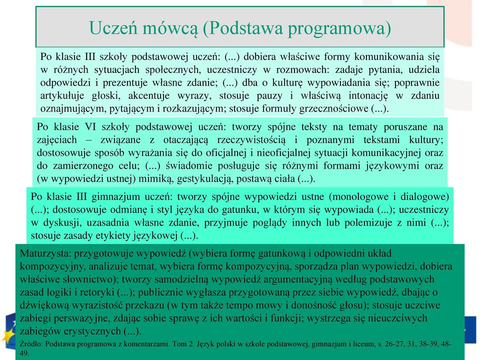 ..) dba o kulturę wypowiadania się; poprawnie artykułuje głoski, akcentuje wyrazy, stosuje pauzy i właściwą intonację w zdaniu oznajmującym, pytającym i rozkazującym; stosuje formuły grzecznościowe (.