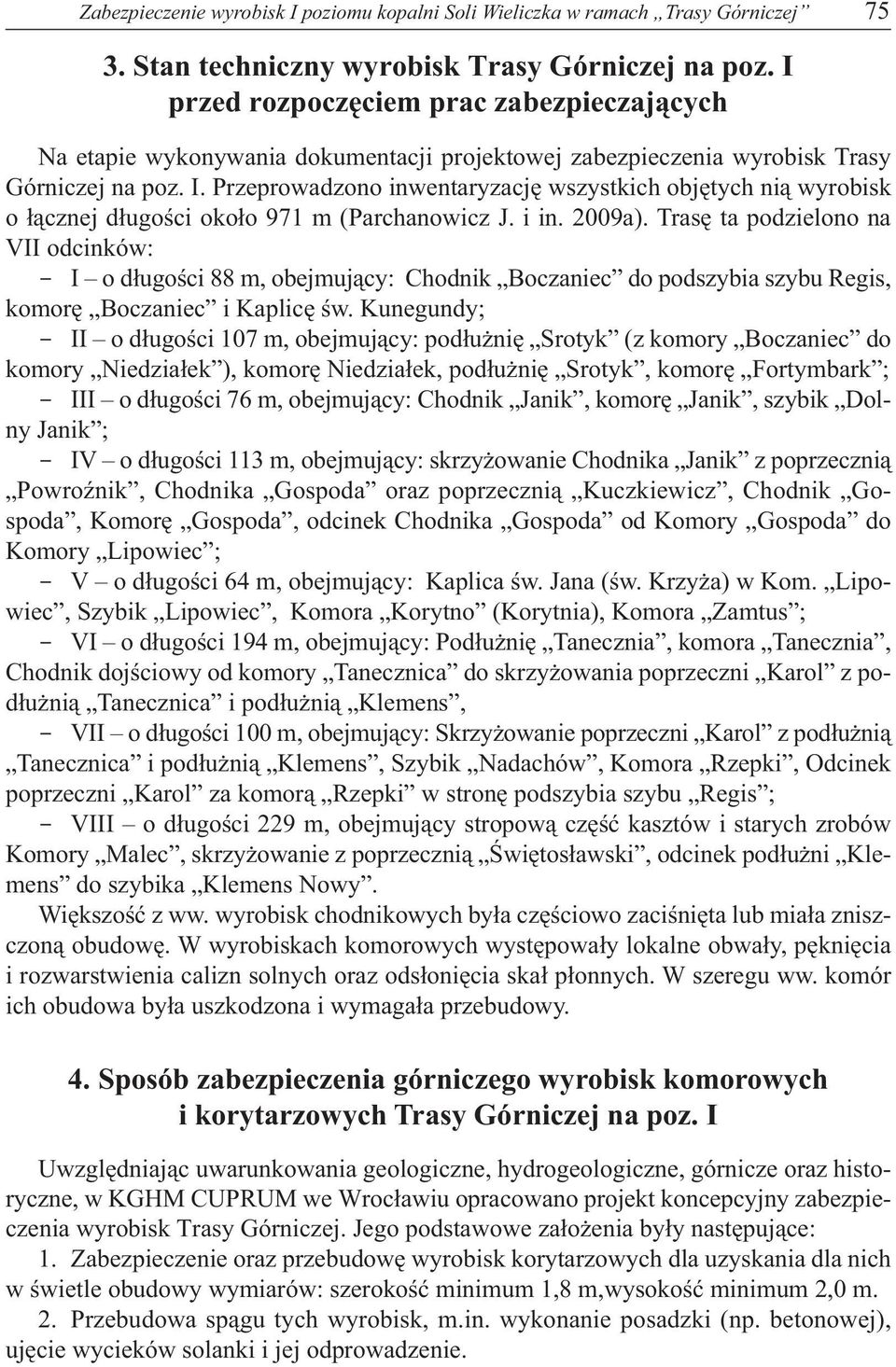 Przeprowadzono inwentaryzację wszystkich objętych nią wyrobisk o łącznej długości około 971 m (Parchanowicz J. i in. 2009a).