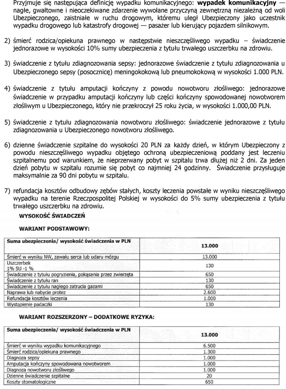 2) śmierć rodzica/opiekuna prawnego w następstwie nieszczęśliwego wypadku świadczenie jednorazowe w wysokości 10% sumy ubezpieczenia z tytułu trwałego uszczerbku na zdrowiu.