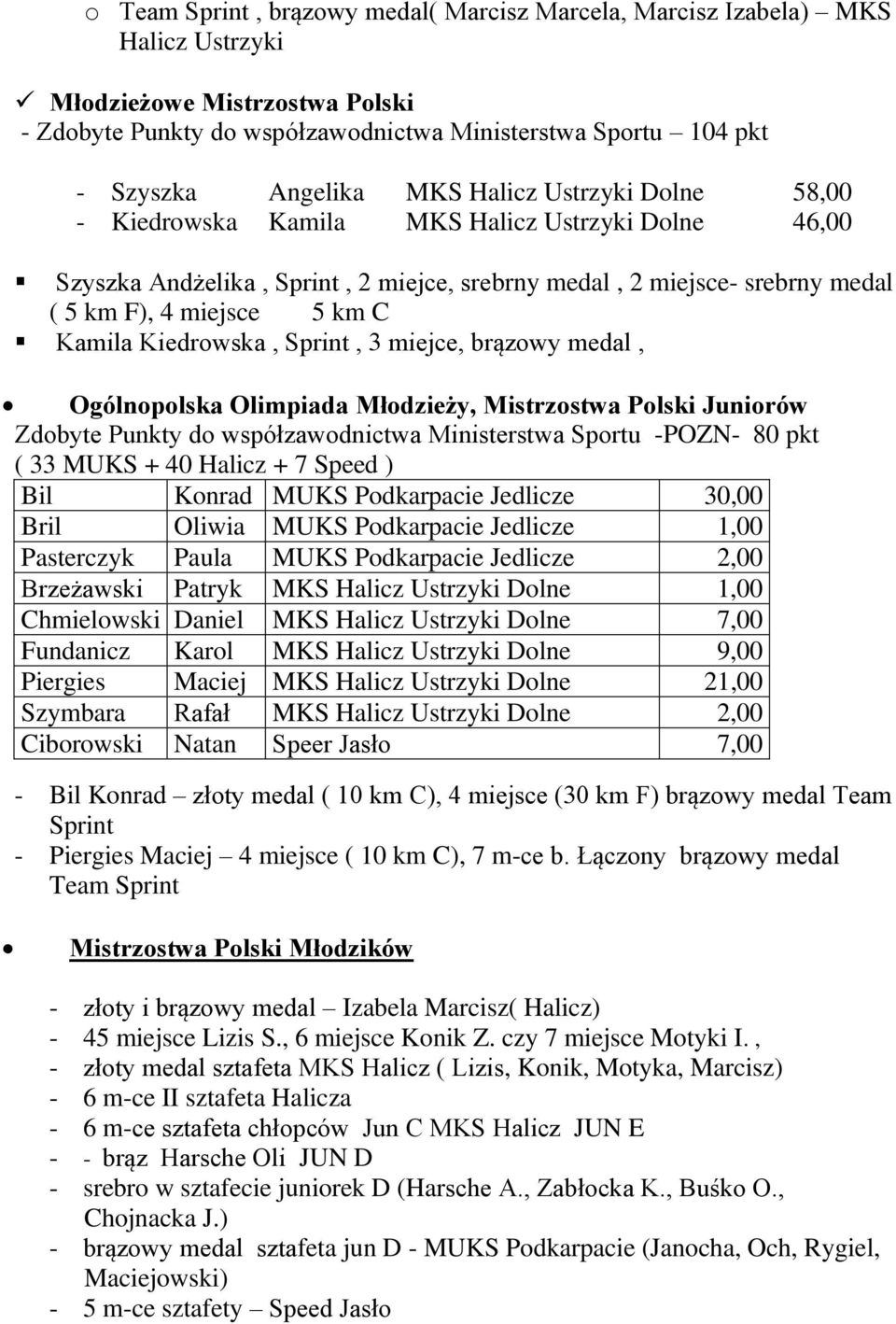 Kiedrowska, Sprint, 3 miejce, brązowy medal, Ogólnopolska Olimpiada Młodzieży, Mistrzostwa Polski Juniorów Zdobyte Punkty do współzawodnictwa Ministerstwa Sportu -POZN- 80 pkt ( 33 MUKS + 40 Halicz +