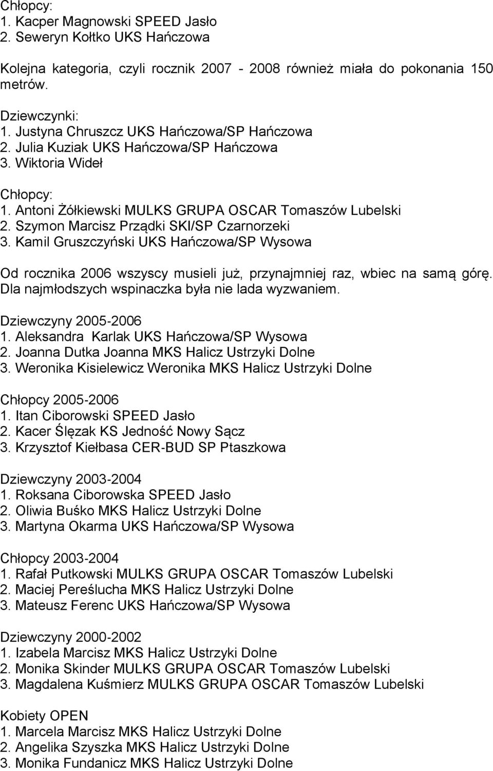 Szymon Marcisz Prządki SKI/SP Czarnorzeki 3. Kamil Gruszczyński UKS Hańczowa/SP Wysowa Od rocznika 2006 wszyscy musieli już, przynajmniej raz, wbiec na samą górę.
