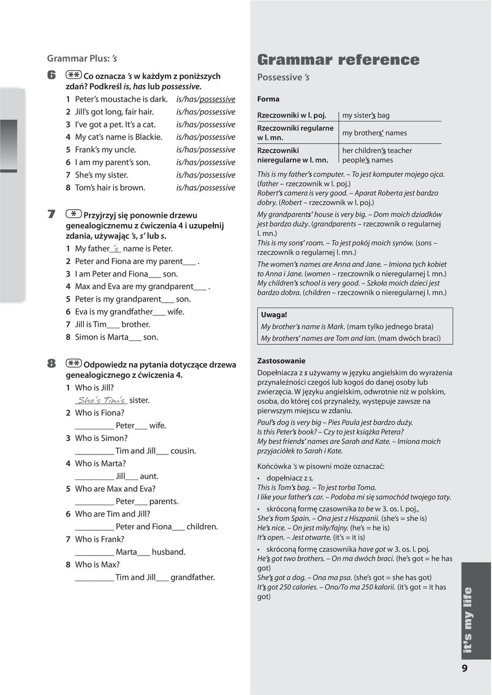 is/has/possessive 7 She s my sister. is/has/possessive 8 Tom s hair is brown. is/has/possessive Przyjrzyj się ponownie drzewu genealogicznemu z ćwiczenia 4 i uzupełnij zdania, używając s, s lub s.