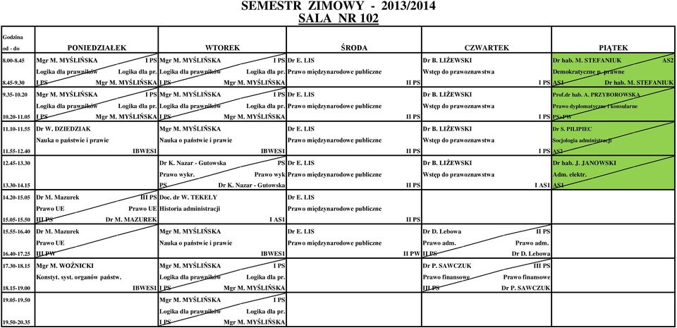 35-10.20 Mgr M. MYŚLIŃSKA I PS Mgr M. MYŚLIŃSKA I PS Dr E. LIS Dr B. LIŻEWSKI Prof.dr hab. A. PRZYBOROWSKA Logika dla prawników Logika dla pr.