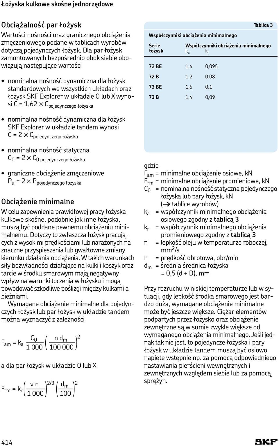 O lub X wynosi C = 1,62 C pojedynczego łożyska Tablica 3 Współczynniki obciążenia minimalnego Serie Współczynniki obciążenia minimalnego łożysk k a k r 72 BE 1,4 0,095 72 B 1,2 0,08 73 BE 1,6 0,1 73