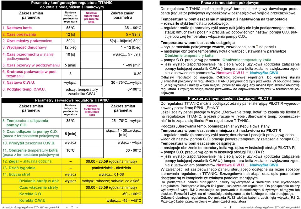 Czas przerwy w podtrzymaniu 5 [min] 1 99 [min] 6. Krotność podawania w podtrzymaniu Parametry konfiguracyjne regulatora TITANIC do kotła z podajnikiem ślimakowym 3 0-30 7. C.W.U. wyłącz. 30-75 C.