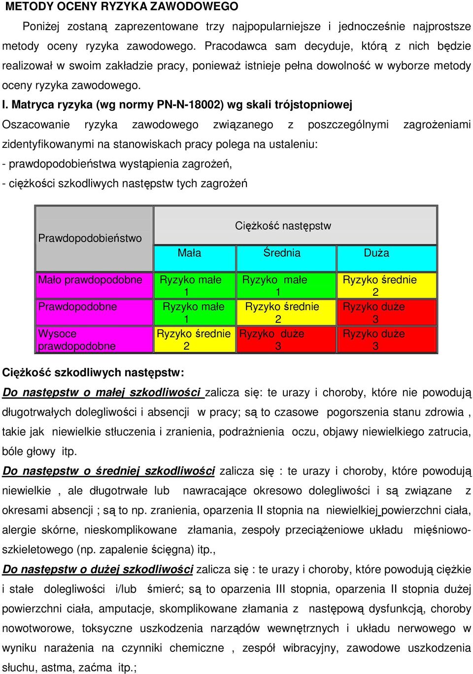 Matryca ryzyka (wg normy PN-N-800) wg skali trójstopniowej Oszacowanie ryzyka zawodowego związanego z poszczególnymi zagroŝeniami zidentyfikowanymi na stanowiskach pracy polega na ustaleniu: -