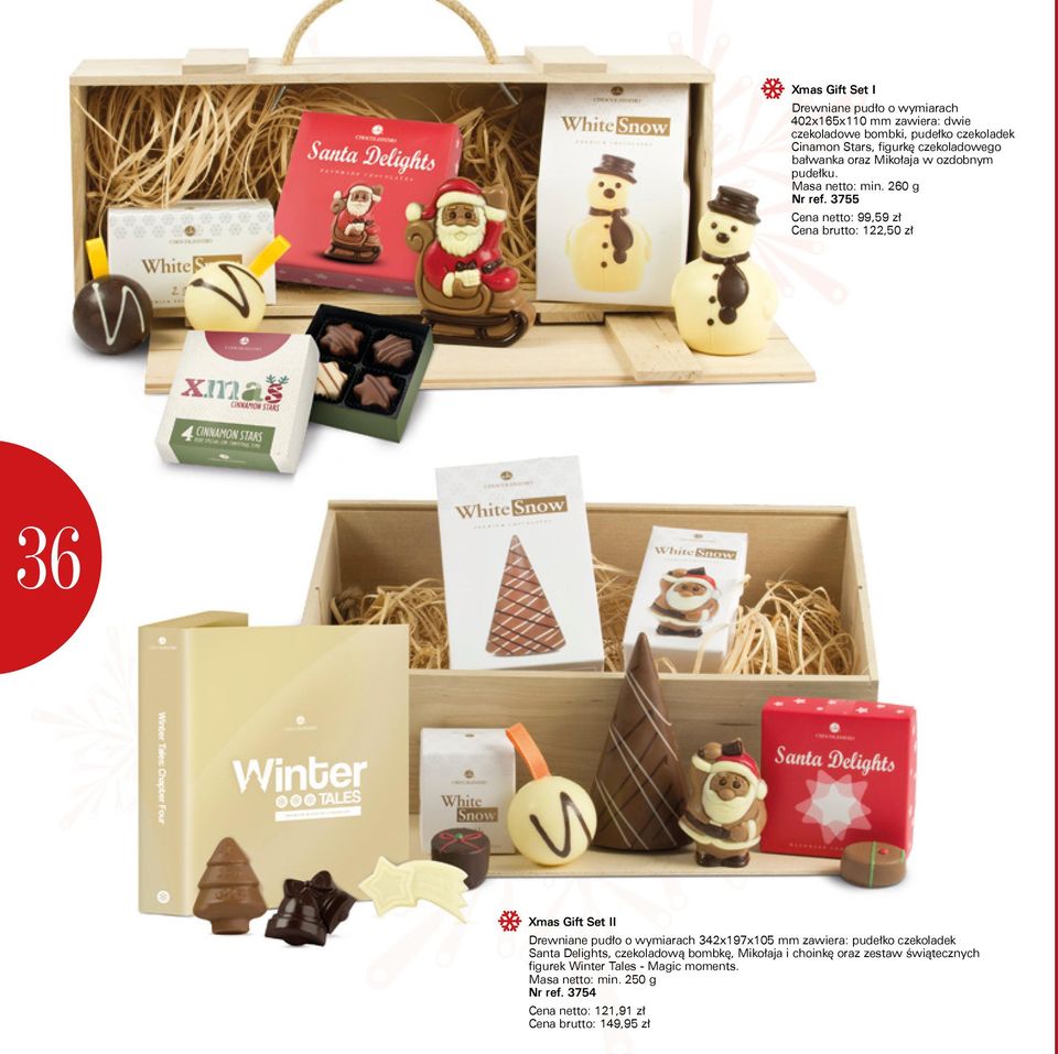 3755 Cena netto: 99,59 zł Cena brutto: 122,50 zł 36 Xmas Gift Set II Drewniane pudło o wymiarach 342x197x105 mm zawiera: pudełko czekoladek