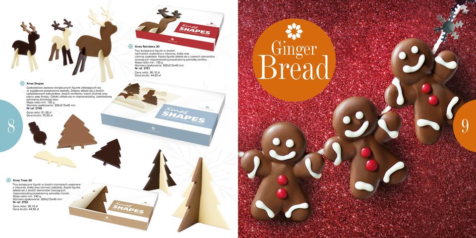3751 Cena netto: 36,18 zł Cena brutto: 44,50 zł Xmas Shapes Czekoladowe zestawy świątecznych figurek układających się w wyjątkowe przestrzenne kształty.