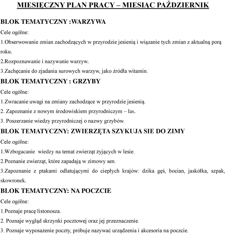 Zapoznanie z nowym środowiskiem przyrodniczym las. 3. Poszerzanie wiedzy przyrodniczej o nazwy grzybów. BLOK TEMATYCZNY: ZWIERZĘTA SZYKUJA SIE DO ZIMY 1.