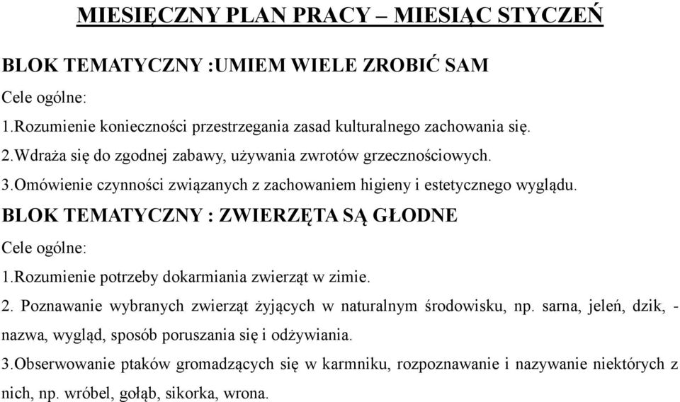 BLOK TEMATYCZNY : ZWIERZĘTA SĄ GŁODNE 1.Rozumienie potrzeby dokarmiania zwierząt w zimie. 2. Poznawanie wybranych zwierząt żyjących w naturalnym środowisku, np.