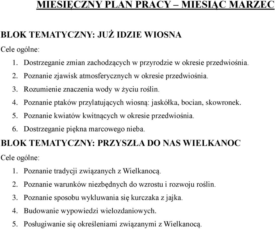 Poznanie kwiatów kwitnących w okresie przedwiośnia. 6. Dostrzeganie piękna marcowego nieba. BLOK TEMATYCZNY: PRZYSZŁA DO NAS WIELKANOC 1.