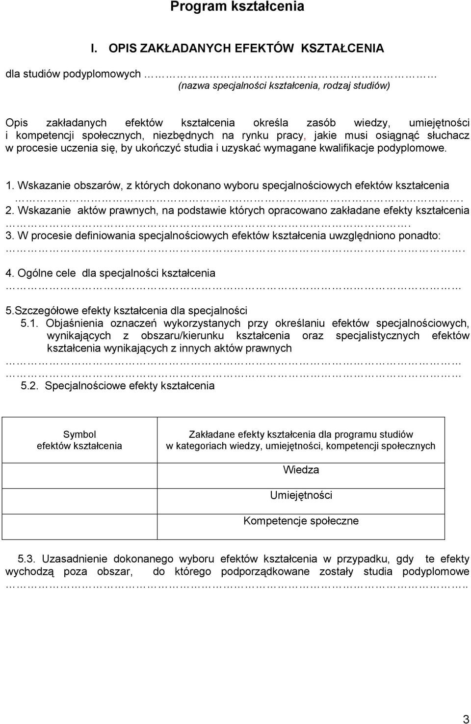 społecznych, niezbędnych na rynku pracy, jakie musi osiągnąć słuchacz w procesie uczenia się, by ukończyć studia i uzyskać wymagane kwalifikacje podyplomowe. 1.