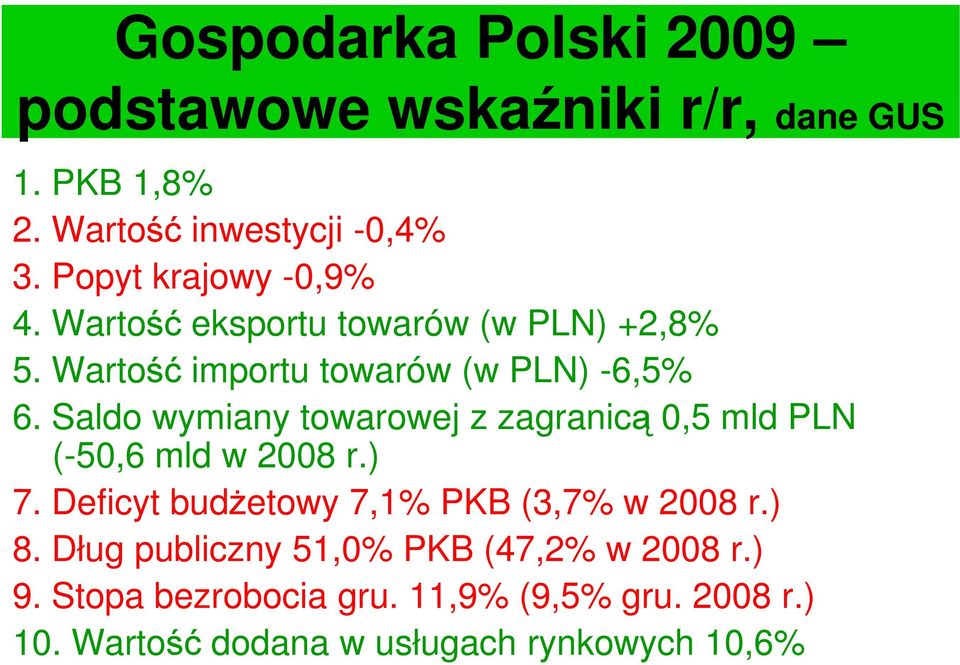 Saldo wymiany towarowej z zagranicą 0,5 mld PLN (-50,6 mld w 2008 r.) 7. Deficyt budżetowy 7,1% PKB (3,7% w 2008 r.