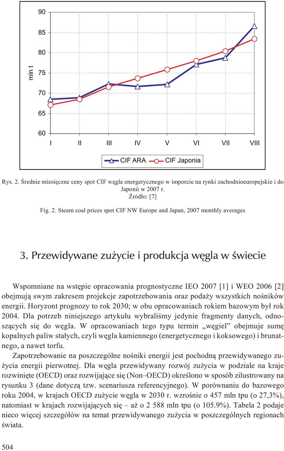 Przewidywane zu ycie i produkcja wêgla w œwiecie Wspomniane na wstêpie opracowania prognostyczne IEO 2007 [1] i WEO 2006 [2] obejmuj¹ swym zakresem projekcje zapotrzebowania oraz poda y wszystkich