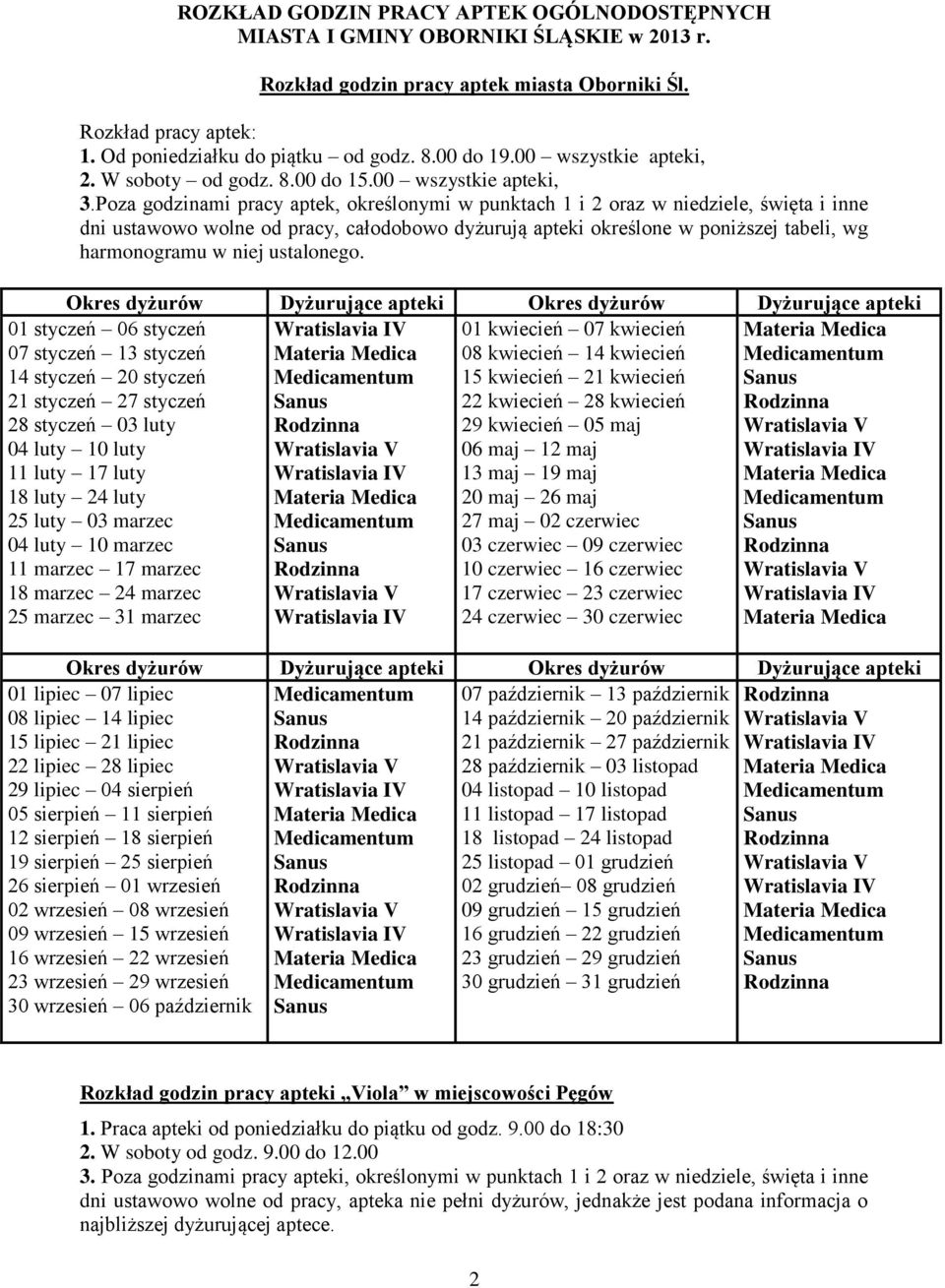 Poza godzinami pracy aptek, określonymi w punktach 1 i 2 oraz w niedziele, święta i inne dni ustawowo wolne od pracy, całodobowo dyżurują apteki określone w poniższej tabeli, wg harmonogramu w niej