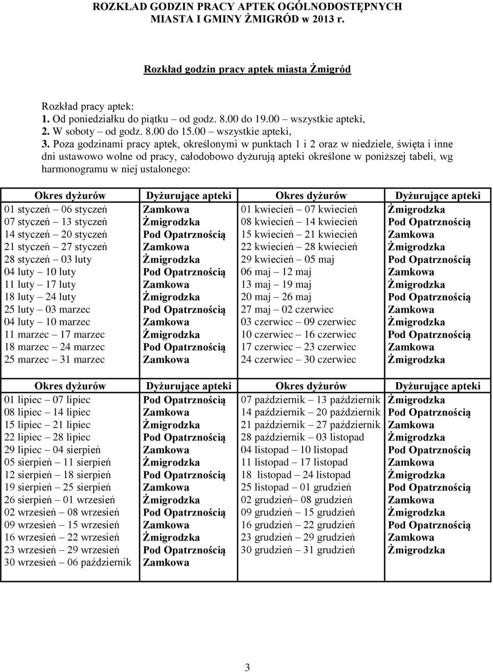 Poza godzinami pracy aptek, określonymi w punktach 1 i 2 oraz w niedziele, święta i inne dni ustawowo wolne od pracy, całodobowo dyżurują apteki określone w poniższej tabeli, wg harmonogramu w niej