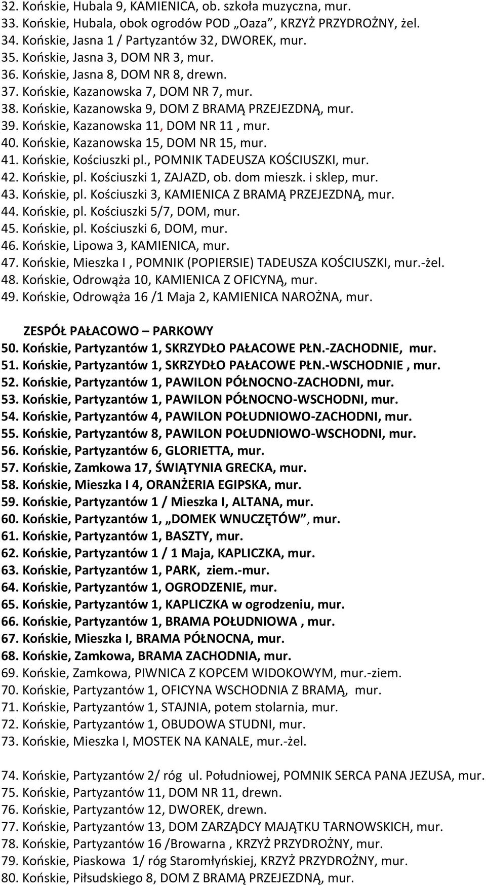 Końskie, Kazanowska 11, DOM NR 11, mur. 40. Końskie, Kazanowska 15, DOM NR 15, mur. 41. Końskie, Kościuszki pl., POMNIK TADEUSZA KOŚCIUSZKI, mur. 42. Końskie, pl. Kościuszki 1, ZAJAZD, ob. dom mieszk.