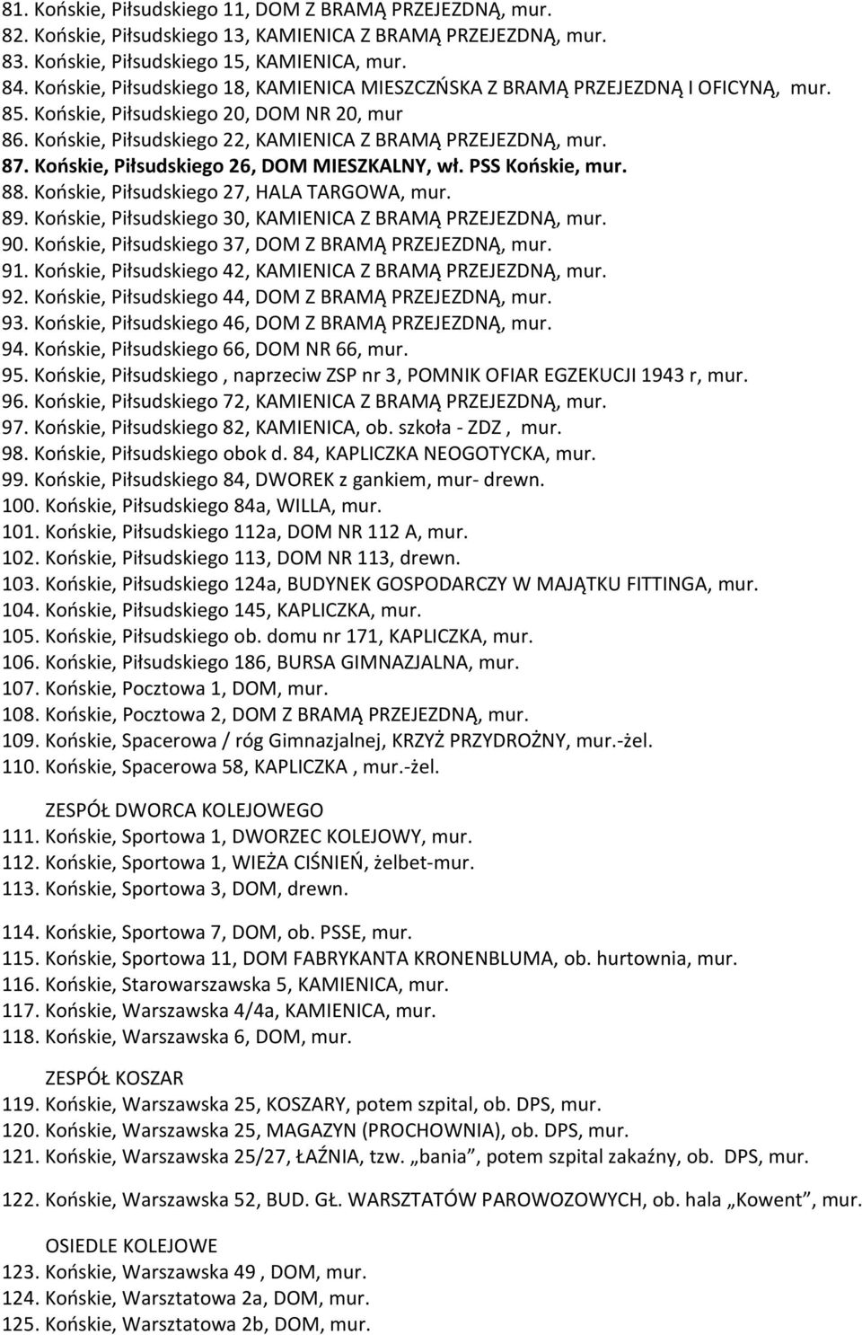 Końskie, Piłsudskiego 26, DOM MIESZKALNY, wł. PSS Końskie, mur. 88. Końskie, Piłsudskiego 27, HALA TARGOWA, mur. 89. Końskie, Piłsudskiego 30, KAMIENICA Z BRAMĄ PRZEJEZDNĄ, mur. 90.