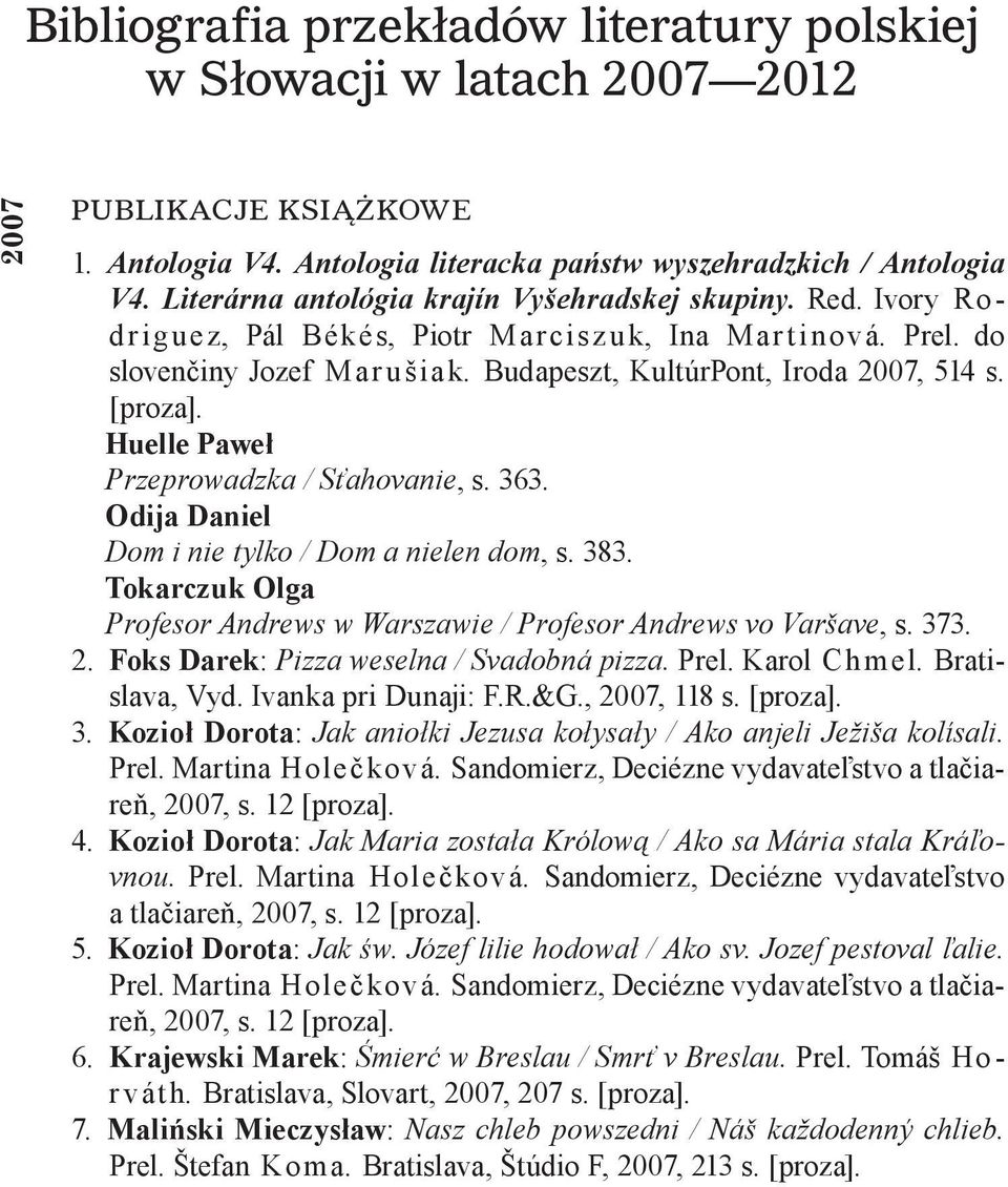 Budapeszt, KultúrPont, Iroda 2007, 514 s. [proza]. Huelle Paweł Przeprowadzka / Sťahovanie, s. 363. Odija Daniel Dom i nie tylko / Dom a nielen dom, s. 383.