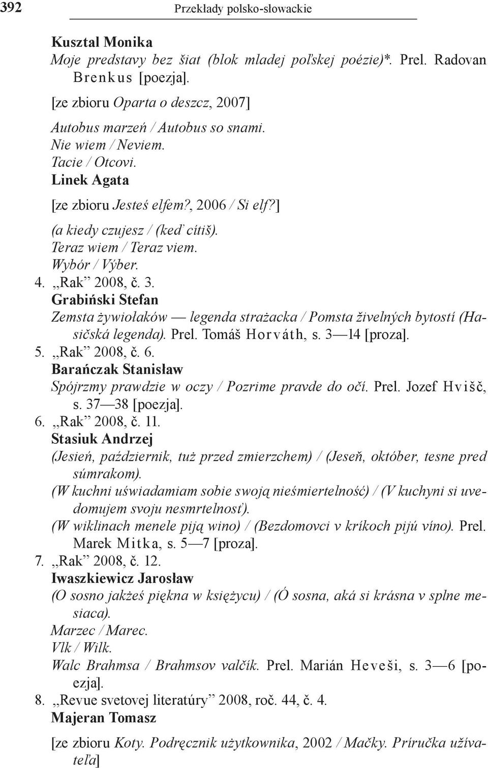 Teraz wiem / Teraz viem. Wybór / Výber. 4. Rak 2008, č. 3. Grabiński Stefan Zemsta żywiołaków legenda strażacka / Pomsta živelných bytostí (Hasičská legenda). Prel. Tomáš Hor váth, s. 3 14 [proza]. 5.