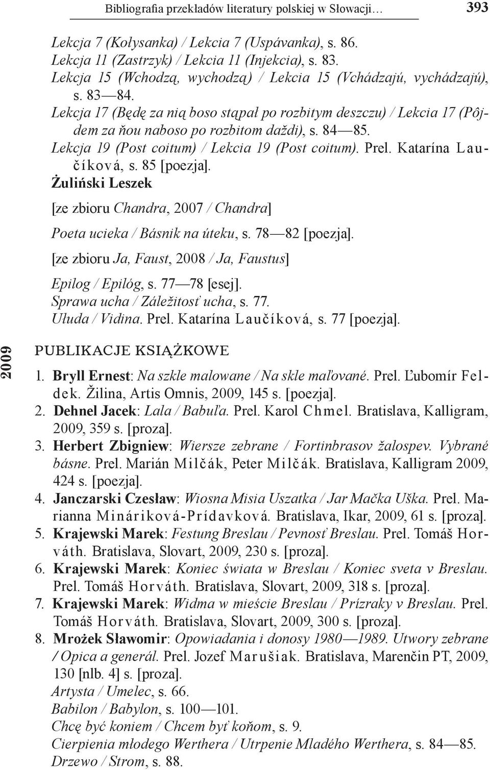Lekcja 19 (Post coitum) / Lekcia 19 (Post coitum). Prel. Katarína Laučíková, s. 85 [poezja]. Żuliński Leszek [ze zbioru Chandra, 2007 / Chandra] Poeta ucieka / Básnik na úteku, s. 78 82 [poezja].