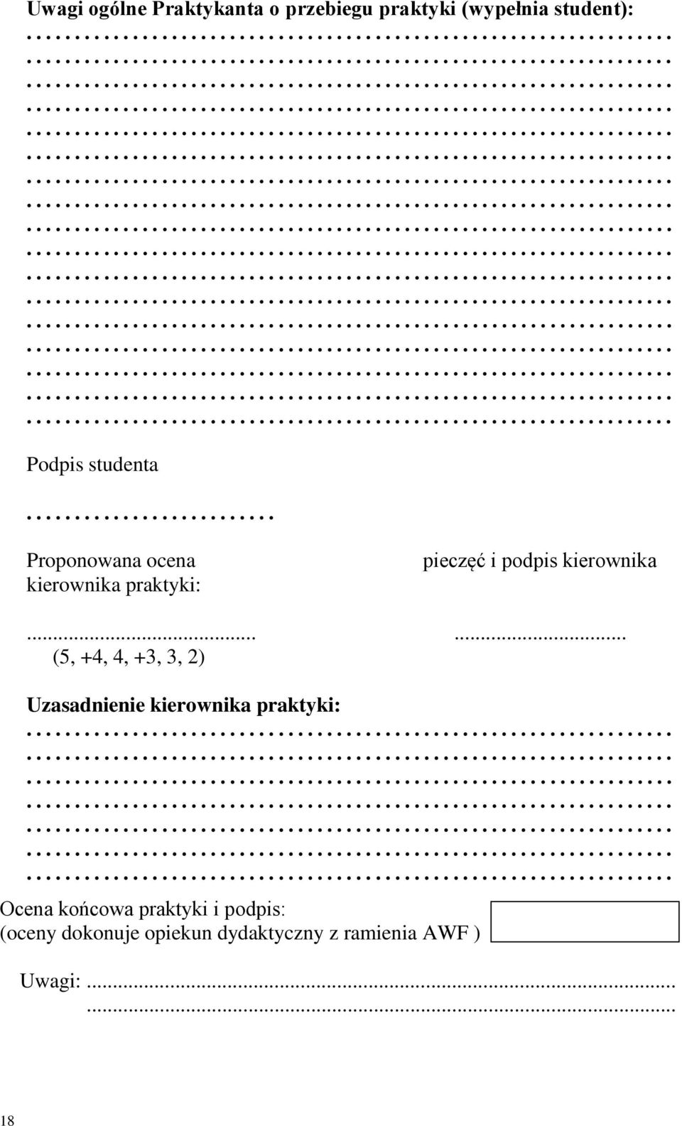 ..... (5, +4, 4, +3, 3, 2) Uzasadnienie kierownika praktyki:.