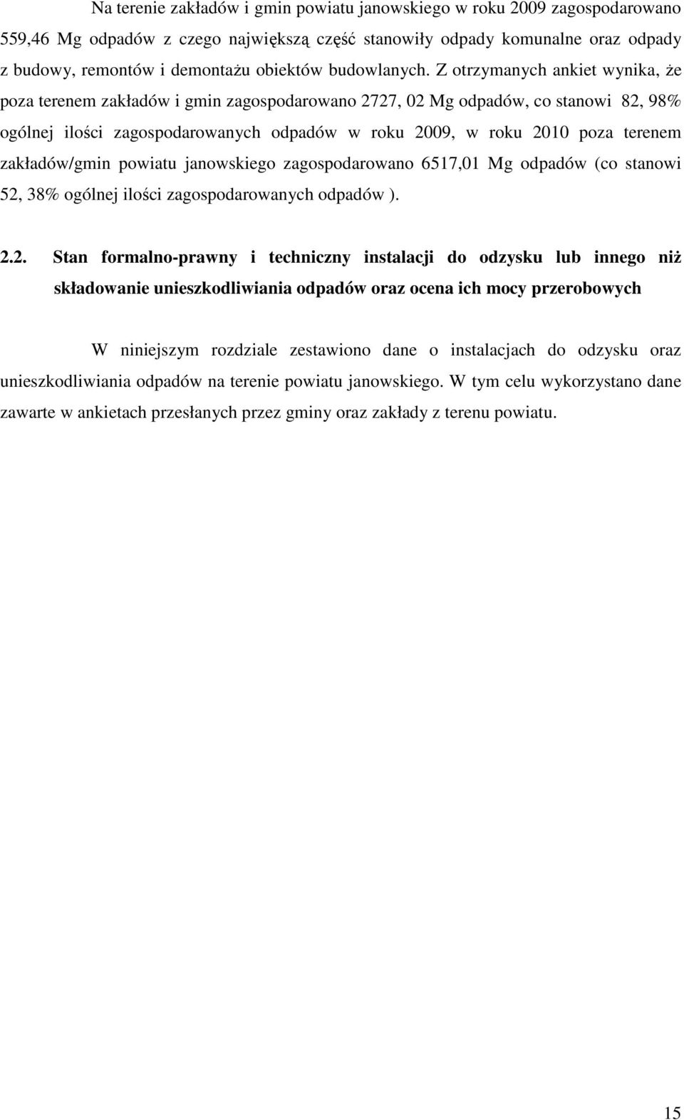 Z otrzymanych ankiet wynika, Ŝe poza terenem zakładów i gmin zagospodarowano 2727, 02 Mg odpadów, co stanowi 82, 98% ogólnej ilości zagospodarowanych odpadów w roku 2009, w roku 2010 poza terenem