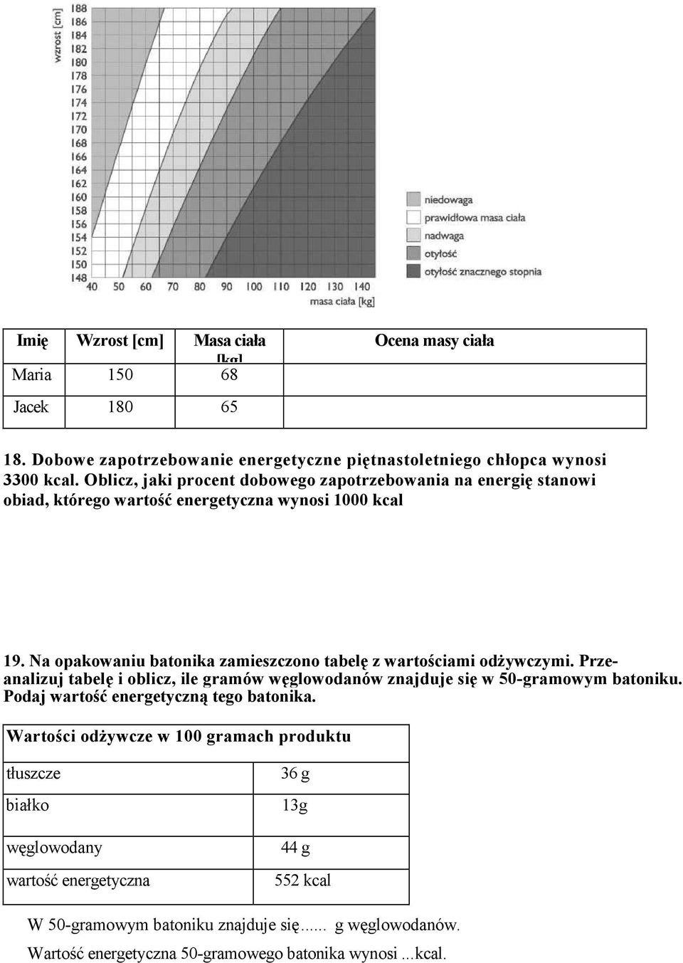 Na opakowaniu batonika zamieszczono tabelę z wartościami odŝywczymi. Przeanalizuj tabelę i oblicz, ile gramów węglowodanów znajduje się w 50-gramowym batoniku.